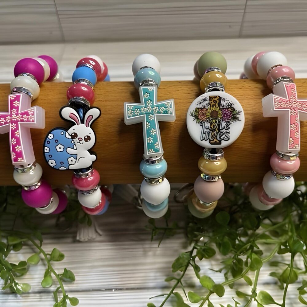 Easter Wristlet Keychain Bracelet – Bunny, He Lives, or Glitter Cross | Silicone